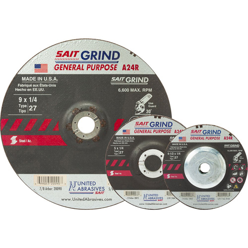 A24R Long Life Grinding Wheel, 4-1/2" x 1/4", 7/8" Arbor, Aluminum Oxide, Type 27 Action Paper
