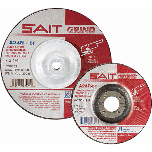 A24N Fast Grinding Wheel, 7" x 1/4", 7/8" Arbor, Aluminum Oxide, Type 27 Action Paper