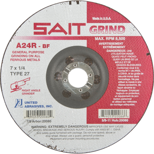 A24R Long Life Grinding Wheel, 7" x 1/4", 7/8" Arbor, Aluminum Oxide, Type 27 Action Paper