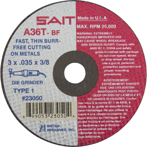 Cut-Off Wheel (A36T), 3" x 0.035", 3/8" Arbor, Type 27, Aluminum Oxide, 25000 RPM Action Paper