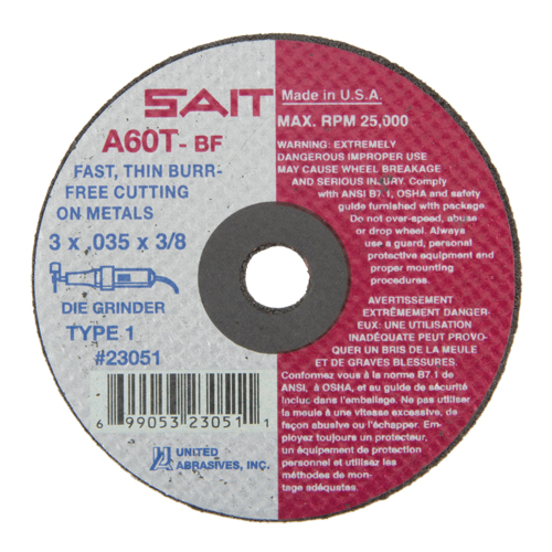 Cut-Off Wheel (A36T), 3" x 0.035", 3/8" Arbor, Type 1, Aluminum Oxide, 25000 RPM Action Paper