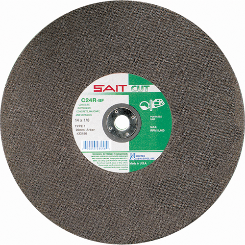 Meule &agrave; tronçonner haute vitesse pour le b&eacute;ton C24R, 14" x 1/8", Arbre de 1", Type 1, Carbure de silicium, 5400 Tr/min Action Paper