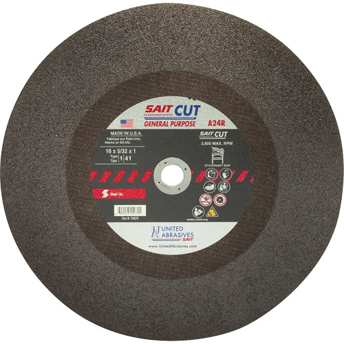 Cut-Off WHEEL A24R, 16" x 5/32", 1" Arbor, Type 1, Aluminum Oxide, 3800 RPM Action Paper