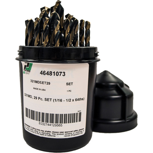 Mechanics Length Jobber Drill 135° - 1/16" to 1/2" by 1/64", 29 Pieces, High Speed Steel Action Paper