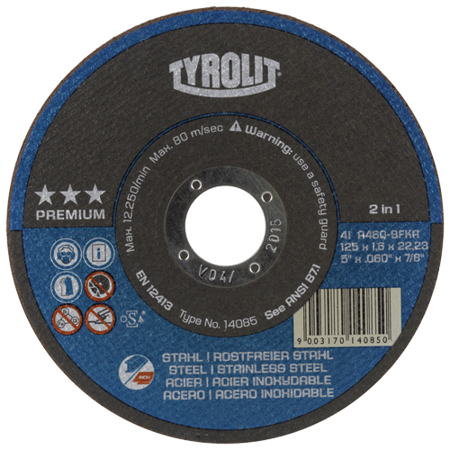 Cutting Disc, 5" x 1/16", 7/8" Arbor, Type 27, Aluminum Oxide, 12250 RPM Action Paper