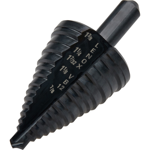 #12 Step Drill Bit, 7/8" - 1-3/8" , 3/8" Increments, High Speed Steel Action Paper