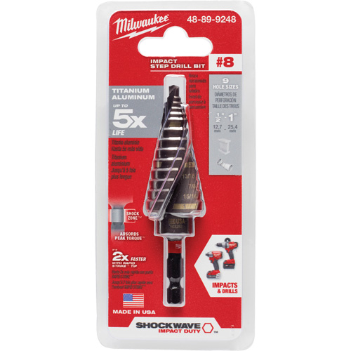 #8 Shockwave Impact Duty Step Drill Bit, 1/2" - 1" , 1/16" Increments, Titanium Action Paper