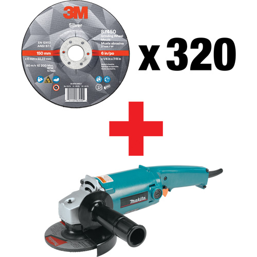 Silver Grinding Wheel & Angle Grinder Kit, 5" x 1/4", 7/8" Arbor, Ceramic, Type 27 Action Paper
