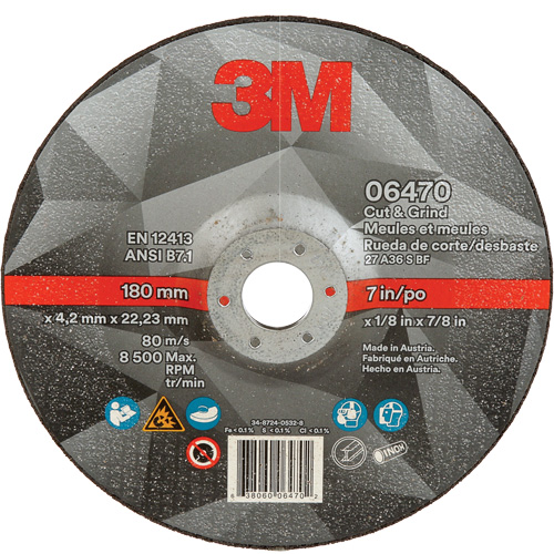 Cut & Grind Wheel, 7" x 1/8", 7/8" Arbor, Type 27, Ceramic Action Paper