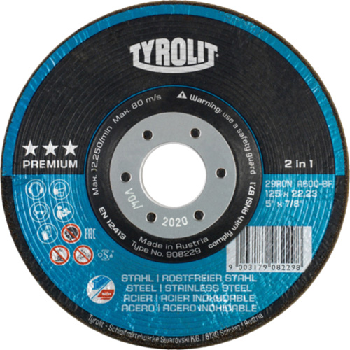 Rondeller Depressed Centre Grinding Wheel, 4-1/2", 36 Grit, 7/8", 13300 RPM, Type 29 Action Paper