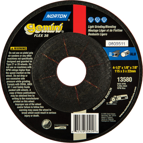 Gemini&reg; Flexible Mini Disc Depressed Centre Wheel, 4-1/2" x 1/8", 7/8" Arbor, Aluminum Oxide, Type 27 Action Paper