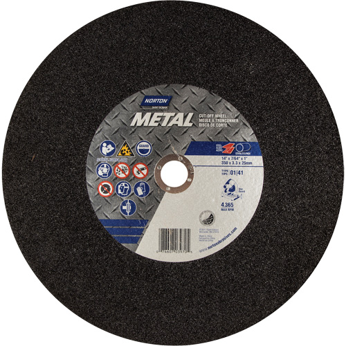 Metal A Chop Saw Cut-Off Wheel, 14" x 3/32", 1" Arbor, Type 01/41, Aluminum Oxide, 4365 RPM Action Paper