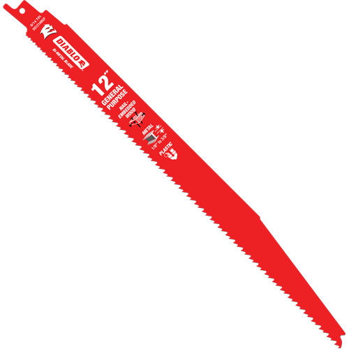 General-Purpose Reciprocating Saw Blade, Bi-Metal, 8-14 TPI, 12" L x 1" W Action Paper