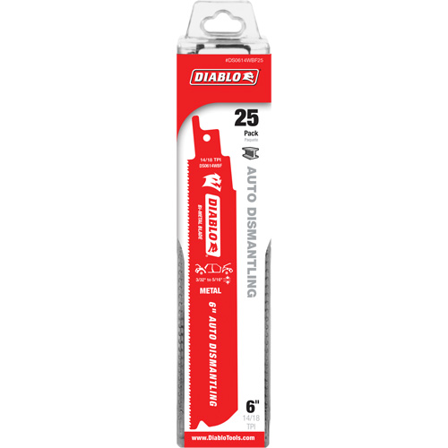 Reciprocating Blade for Auto Dismantling, Bi-Metal, 14-18 TPI, 6" L x 1" W Action Paper
