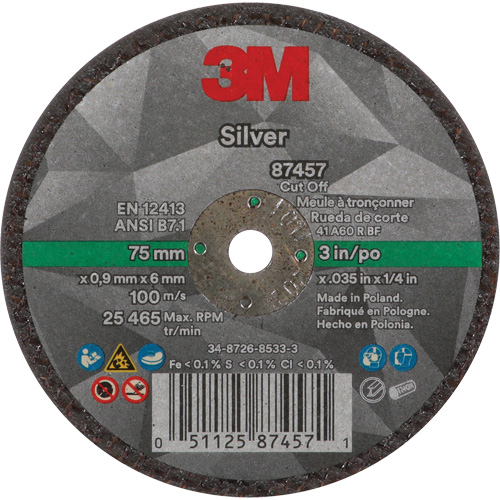 Silver Cut-Off Wheel, 3" x 0.04", 1/4"-28 Arbor, Type 1, Ceramic, 25645 RPM Action Paper