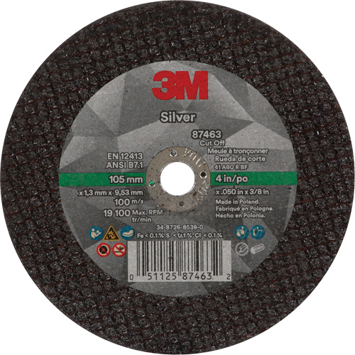 Silver Cut-Off Wheel, 4" x 0.05", 3/8"-24 Arbor, Type 1, Ceramic, 19100 RPM Action Paper