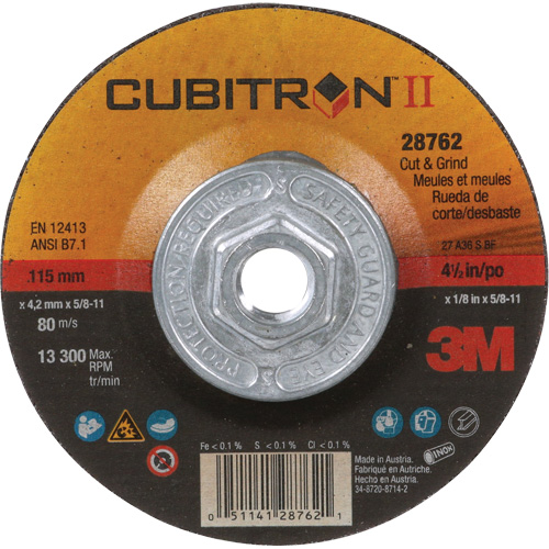 Cubitron II Quick Change Cut & Grind Wheel, 4-1/2" x 1/8", 5/8"-11 Arbor, Type 27, Ceramic Action Paper