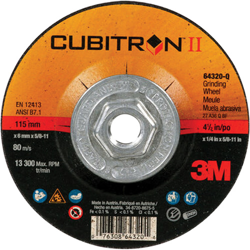 Cubitron II Quick Change Depressed Centre Grinding Wheel 64320, 4-1/2" x 1/4", 5/8"-11 Arbor, Type 27, Ceramic Action Paper