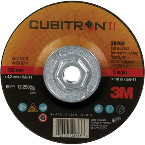 Cubitron II Quick Change Cut & Grind Wheel, 5" x 1/8", 5/8"-11 Arbor, Type 27, Ceramic Action Paper
