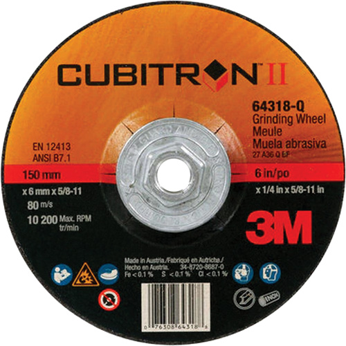Cubitron II Quick Change Depressed Centre Grinding Wheel, 6" x 1/4", 5/8"-11 Arbor, Type 27, Ceramic Action Paper