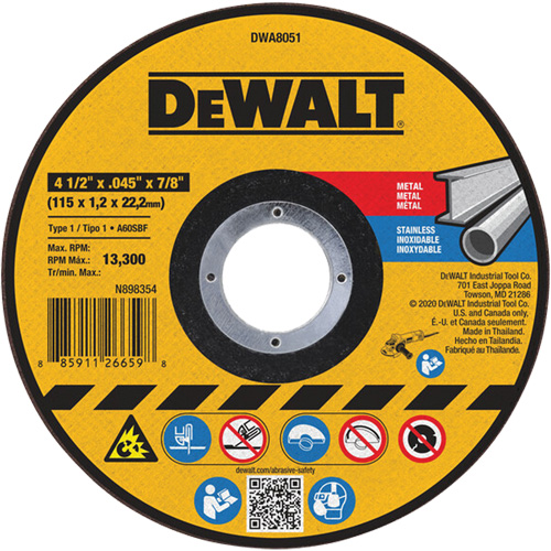 Metal Cut-Off Wheel, 4-1/2" x 0.045", 7/8" Arbor, Aluminum Oxide, Type 1 Action Paper