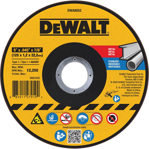 Metal Cut-Off Wheel, 5" x 0.045", 7/8" Arbor, Aluminum Oxide, Type 1 Action Paper