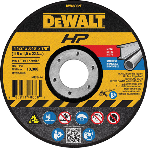HP Metal Cut-Off Wheel, 4-1/2" x 0.04", 7/8" Arbor, Type 1, Aluminum Oxide, 13300 RPM Action Paper