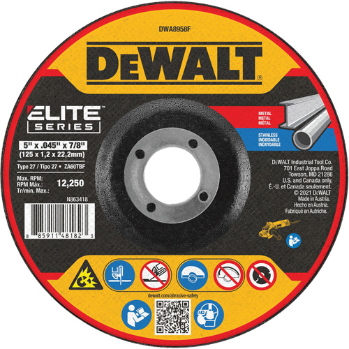 Elite Series Metal Cut-Off Wheel, 5" x 0.045", 7/8" Arbor, Zirconia Alumina, Type 27 Action Paper