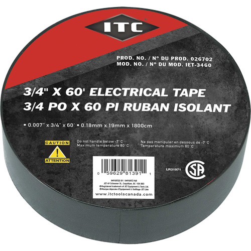IET-3460 Ruban isolant, Ruban &eacute;lectrique, Rubans isolant, 19 mm (3/4") x 18,28 m (60'), Noir Action Paper
