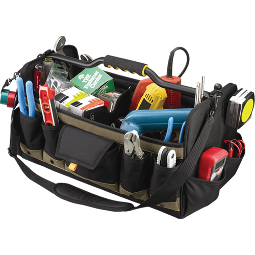 Open Top 20" Soft Side Tool Boxes, Polyester, 27 Pockets, Black Action Paper