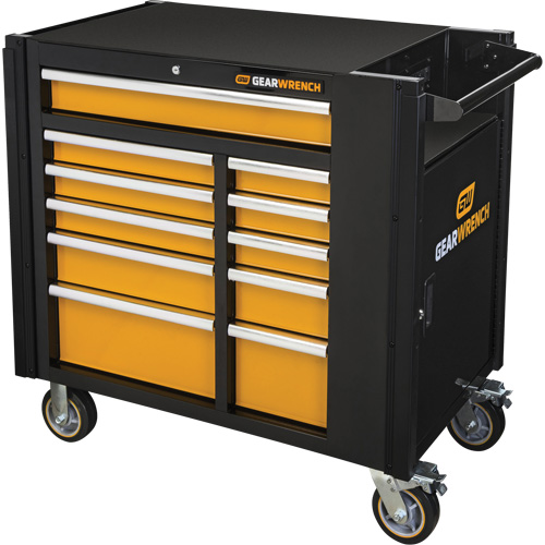 Powered Tool Cart, 11 Drawers, 42-1/2" W x 24-7/16" D x 41" H, Black/Orange Action Paper