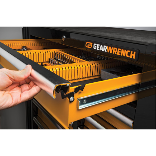 Powered Tool Cart, 11 Drawers, 42-1/2" W x 24-7/16" D x 41" H, Black/Orange Action Paper