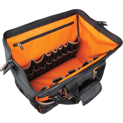 Tradesman Pro Wide-Open Tool Bag, Ballistic Nylon, 42 Pockets, Black Action Paper