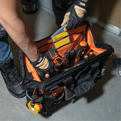 Tradesman Pro Wide-Open Tool Bag, Ballistic Nylon, 42 Pockets, Black Action Paper