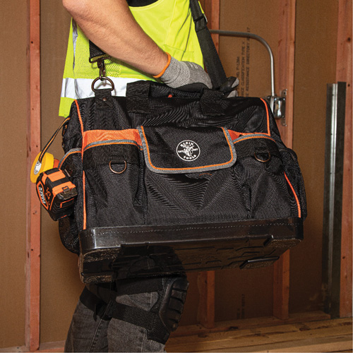 Tradesman Pro Wide-Open Tool Bag, Ballistic Nylon, 42 Pockets, Black Action Paper