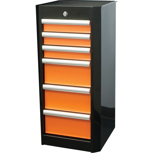 Side Rider Tool Drawer, 6 Drawers, 16" W x 18" D x 34" H, Black/Orange Action Paper
