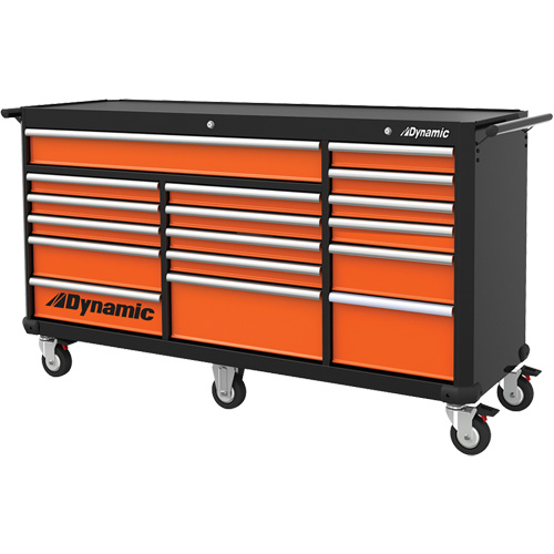 Roller Cabinet, 17 Drawers, 71" W x 24" D x 41" H, Black/Orange Action Paper