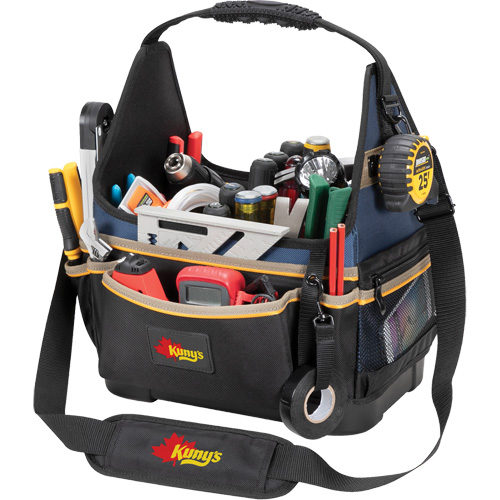 Molded Base Electrical/HVAC Tool Carrier, Ballistic Polyester, 20 Pockets, Black/Blue Action Paper