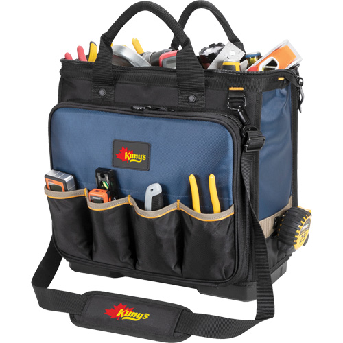 Molded Base Multi-Compartment Technician's Tool Bag, Ballistic Polyester, 54 Pockets, Black/Blue Action Paper
