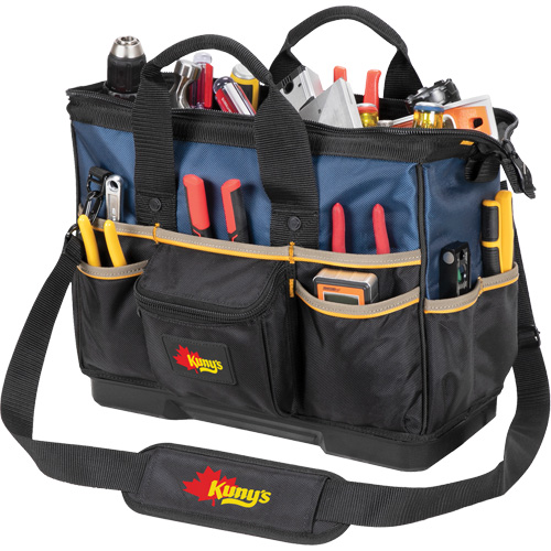 Molded Base Big-Mouth Tote Tool Bag, Ballistic Polyester, 23 Pockets, Black/Blue Action Paper
