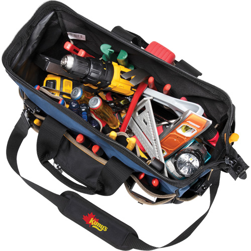 Molded Base Big-Mouth Tote Tool Bag, Ballistic Polyester, 23 Pockets, Black/Blue Action Paper