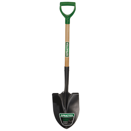 Round-Point Shovel, Tempered Steel Blade, Wood, D-Grip Handle Action Paper