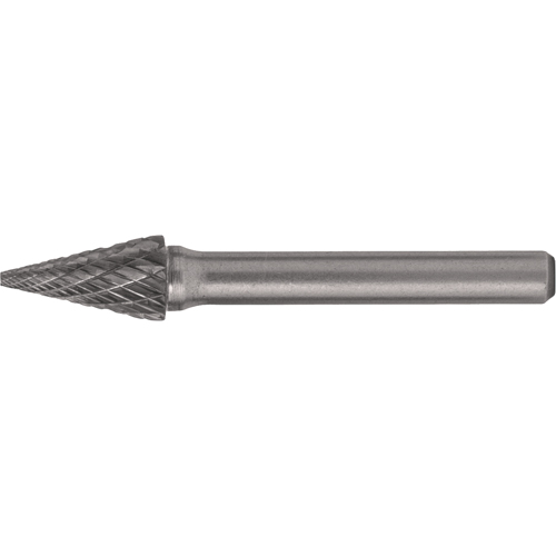 Solid Carbide Burrs - Pointed Cone Shape, SM-3, 1/4" Dia., 1/4" Shank, 1" Depth of Cut Action Paper