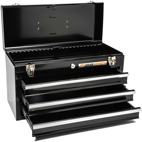 Portable Tool Box, 20" W, 3 Drawers, Black Action Paper