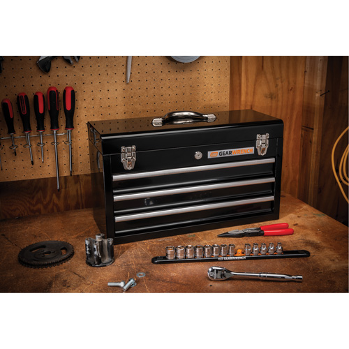 Portable Tool Box, 20" W, 3 Drawers, Black Action Paper