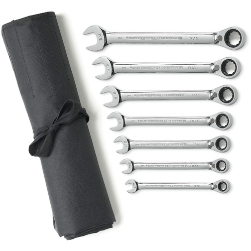 Jeu de cl&eacute;s &agrave; cliquets r&eacute;versibles SAE &agrave; 12 pans et 72 dents avec pochette &agrave; outils enroulable, Combinaison, 7 morceaux, Imp&eacute;rial Action Paper