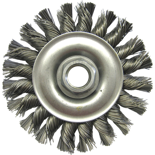 Wire Wheel Brushes, 4" Dia., 0.02" Fill, 5/8"-11 Arbor, Steel Action Paper