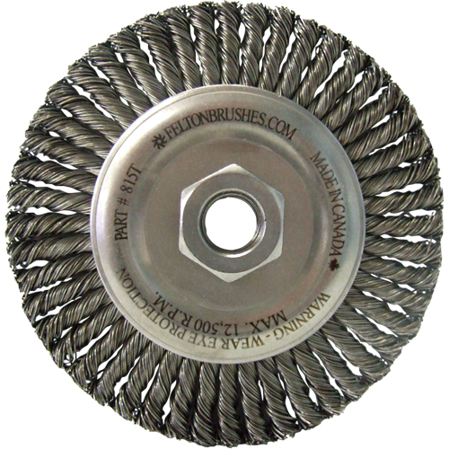 Wire Wheel Brushes, 5-7/8" Dia., 0.02" Fill, 5/8"-11 Arbor, Steel Action Paper