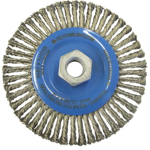 Wire Wheel Brushes, 5-7/8" Dia., 0.02" Fill, 5/8"-11 Arbor, Stainless Steel Action Paper