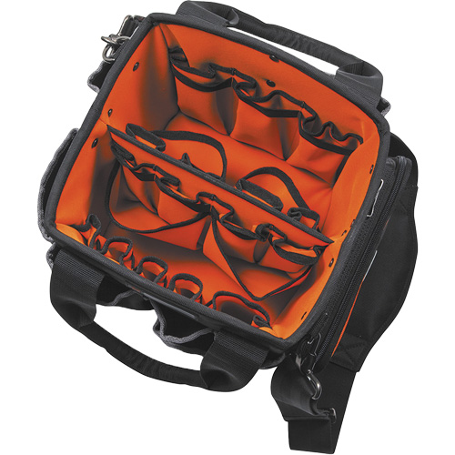 Tradesman Pro Tool Tote, Ballistic Nylon, 40 Pockets, Black/Orange Action Paper